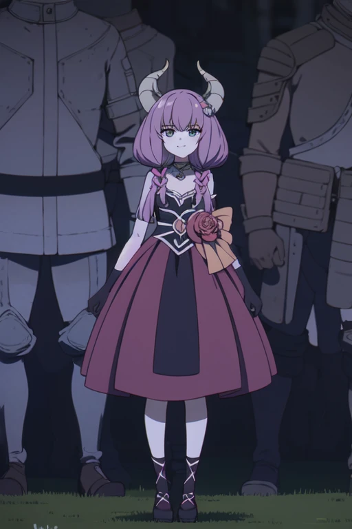 ((Best quality))),((Ultra-detailed)),((illustration)),((Disheveled hair)),((frilld)),(1 girl),(Solo),
1girl,flower,hat,rose,solo,standing,white_rose,rating:safe,belt,black_footwear,blue_dress,blue_hat,blue_headwear,boots,borzoi,clothing,cross-laced_footwear,dog,dress,female,female_only,footwear,gloves,hat_flower,headwear,long_hair,looking_at_viewer,makaria,smile,white_gloves,
pink hair,grey hair,Horns,
