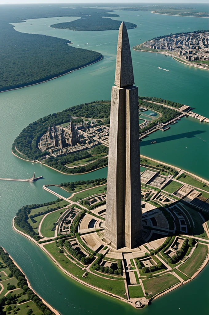 A floating continent with a towering obelisk in the center surrounded by a large medieval city