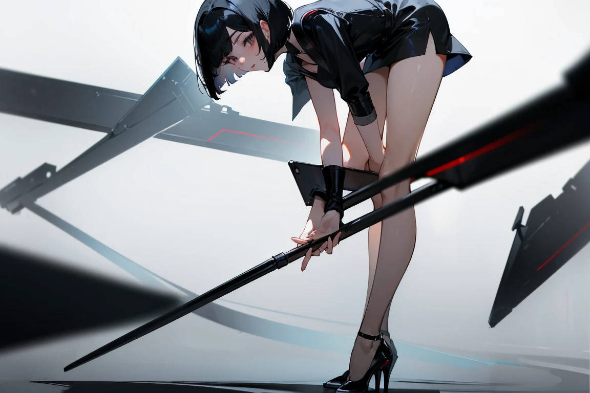 (masterpiece, best quality, Full HD), one woman, bob cut black hair, black lips, black eyelashes, ((white lab coat)), black short dress, bare legs, high heels, (bent over), white background