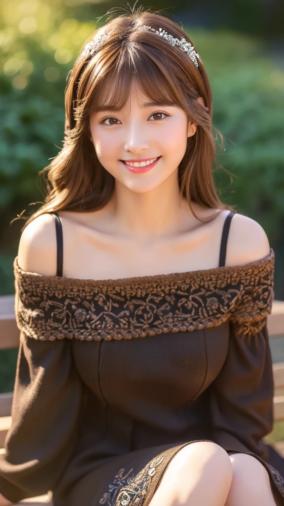 Upper body photo、Take close-up photos of your face、big breasts、Natural Lip、Fair skin、Great light、Beautiful lighting、((brown hair:1.2))、Blunt bangs、Detailed embroidery、Black dress、Off-the-shoulder jacket、Gorgeous Accessories、Knee-high socks、night、Outdoor Background、smile、Cute Smile