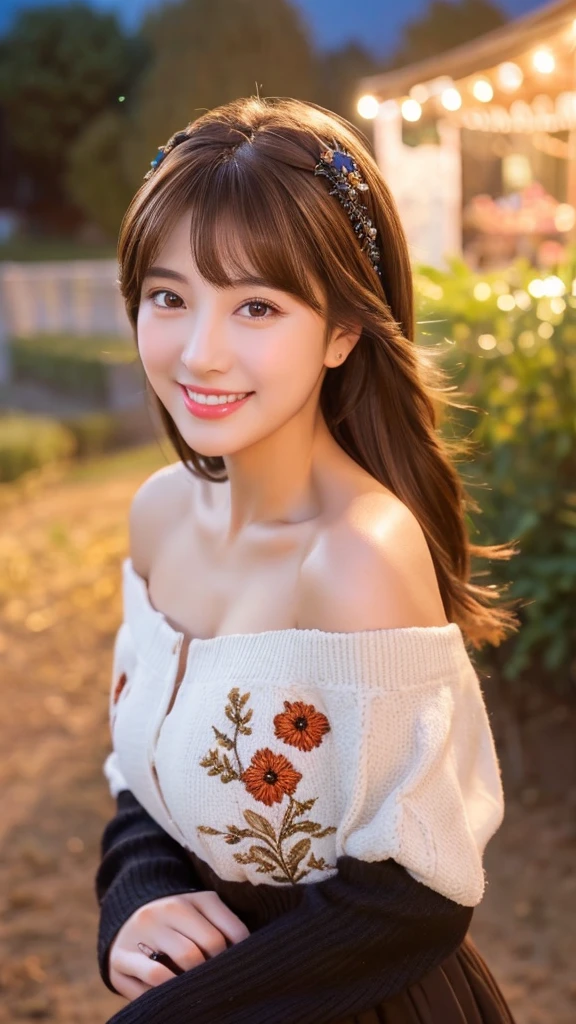 Upper body photo、Take close-up photos of your face、big breasts、Natural Lip、Fair skin、Great light、Beautiful lighting、((brown hair:1.2))、Blunt bangs、Detailed embroidery、Black dress、Off-the-shoulder jacket、Gorgeous Accessories、Knee-high socks、night、Outdoor Background、smile、Cute Smile

