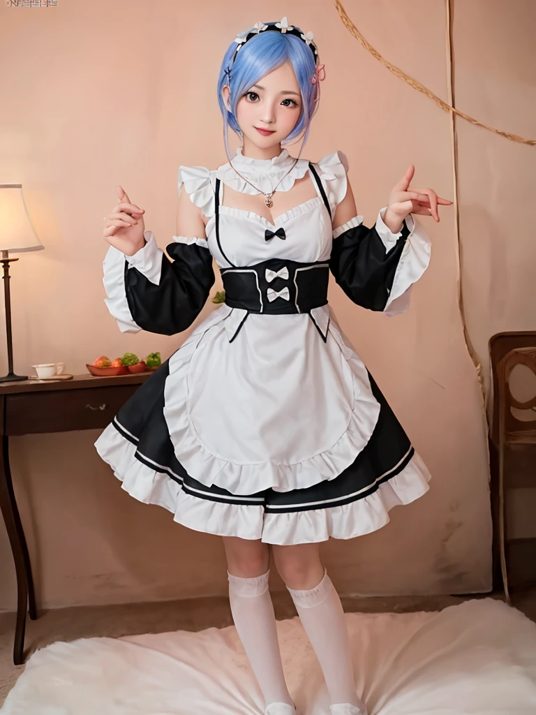 Accurate depiction with high resolution,(8K, Photorealistic, Raw photo, of the highest quality: 1.3), (1girl in), Super beautiful, (Realistic face), (boyish, pink Color Berry Shorthair), Beautiful , Glare that captivates the viewer, Beautiful expression, Beautiful breasts, (Realistic skin), Be...Create a detailed and colorful image of Ram and Rem from Re:Zero, standing back-to-back in their maid outfits, with a magical fantasy background、14years old, two girls,cute, perfect face, beautiful, nice body, gothic lolita clothes, gothic lolita fashion, frilly skirt, headdress, necklace, bracelet, knee-high socks, boots, double eyelids, tear bags, Detailed down to the fingers, photo-like description, indoors, dim indoor lighting, one girl is pink hair and short bob, another girl is light blue hair and short bob,standing,whole body, composition that shows the whole body, smiling,The Both of them are wearing the same type of maid outfit,Optimal ratio of 4 fingers and 1 thumb,walking