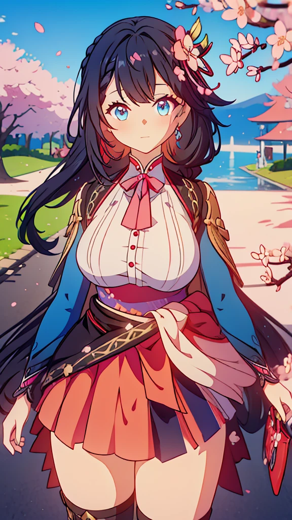 best quality, extremely detailed, anime style adult 1girl, long hair down to the waist, straight hair, ((dark black hair with bluish)),crown braid,beautiful detailed eyes, pinched eyes, dark blue eyes, huge breasts,curvy,(((colorful clothing))),Western clothes,Active Clothing,Clothing with intricate decorations,((foppery shoes)),animation cap,animated gif,((((Cherry Blossom Park)))),((pov))