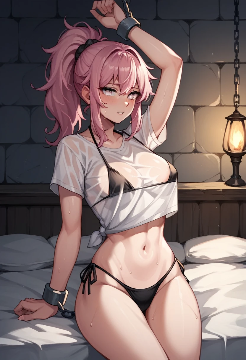 score_9, score_8_up, score_7_up, score_6_up, score_5_up, score_4_up, source_anime, 1girl,bed, pink hair, ponytail, white eyes, w-w-chain, shackles, arms, messy hair, sweaty shirt, bikini, night, dungeon, best quality, best res, 4K UHD,