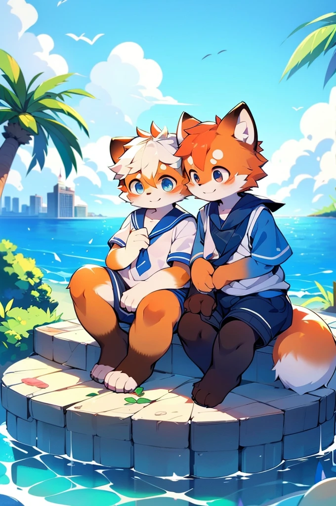 Male Red Panda, Ocean, Appeared wearing a sailor uniform! One in heat, Sitting,fly in the sky,Comparison of a blue ruined city with two legs