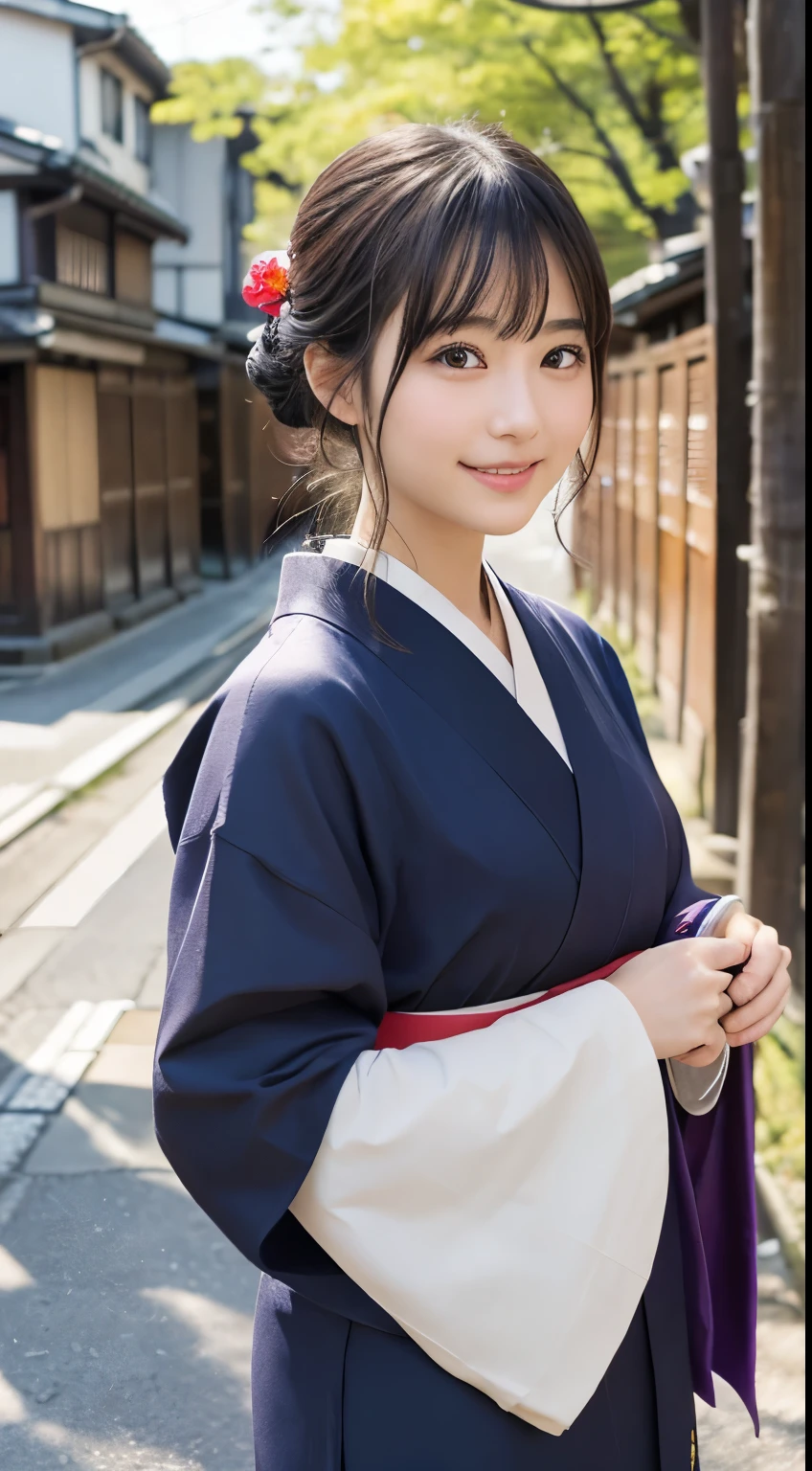 Professional Lighting,(Realistic:1.4), (Top image quality:1.0), (超High resolution:1.0), 8K, Raw photography, (masterpiece:0.2), (Dealing with the Children_v1:0.5)、(最高quality Detail:1.2)、Realistic、8K Ultra HD、High resolution、(1 Girl:1.2)、超detailedな、High quality textures、複雑なdetailed、detailed、Very detailed CG、High quality shadows、detailed 美しく繊細な顔、Beautiful details and a delicate eye、(Symmetrical eyes:1.2),Written boundary depth、Ray Tracing,1 Girl, Japanese Girls, (Natural smile:1.4),cute, thin, Portrait of a beautiful Japanese woman in a kimono, Standing elegantly on a street corner in Kyoto. Kimono with vibrant traditional patterns, Hair decorated with elegant and delicate hairpins, Gentle expression. (With the old streets of Kyoto in the background:1.4)、The soft light of a spring afternoon、Adding tranquility to the scene. Rendered in a Realistic style with great attention to detail, High resolutionの画像.Sky Porn, Magic Hour, (Realistic:1.3), finely, quality, (Tabletop:1.2), (Realistic:1.2), (最高quality), (複雑なdetailed), dramatic, Ray Tracing, photograph, +roller