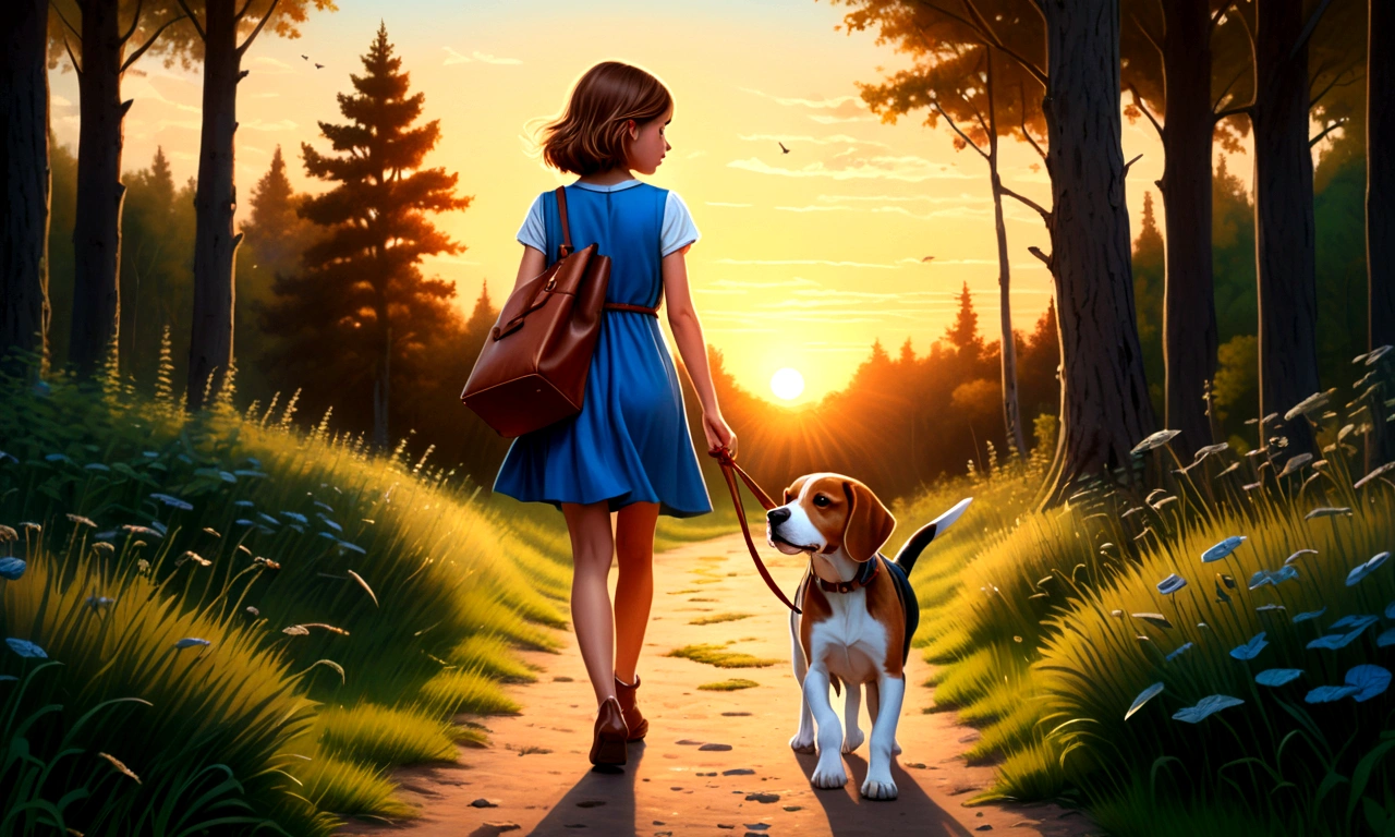 Draw a young girl ((very young)) with brown hair and blue dress (( with leather bag)), returning home with the sunset on a forest path. Beside her a brown and white beagle, walking in the same direction.
