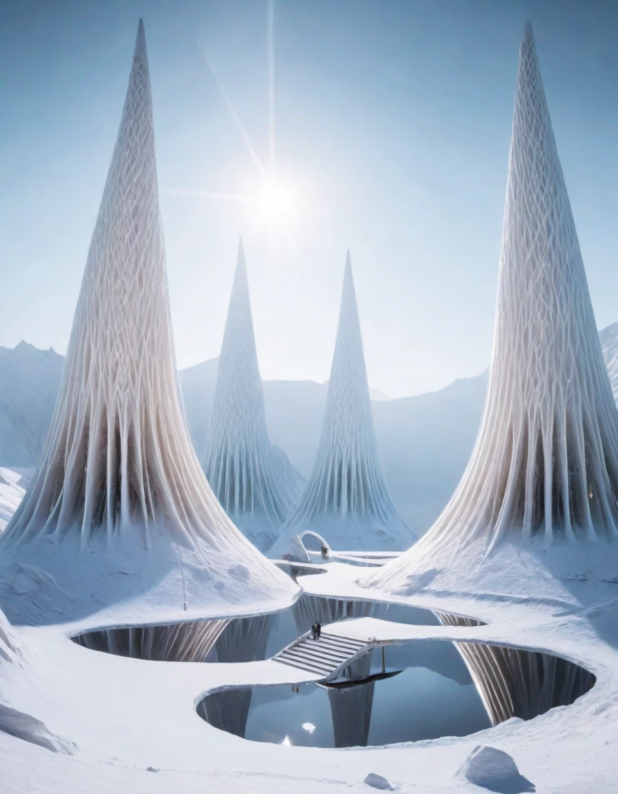 Alien landscape of huge asymmetrical mysterious structures in a cold atmosphere, Predicts supernatural weather. The scene is filled with breathtaking beauty, Showcasing ultra-realistic textures and stunning lighting. The winning photo, Shot in 8k with a Canon EOS R5, Popular on ArtStation. Peaceful environment，Uninhabited, Rise up vibrant floats glow， The misty sky adds to the otherworldly beauty, Showing its magnificence.