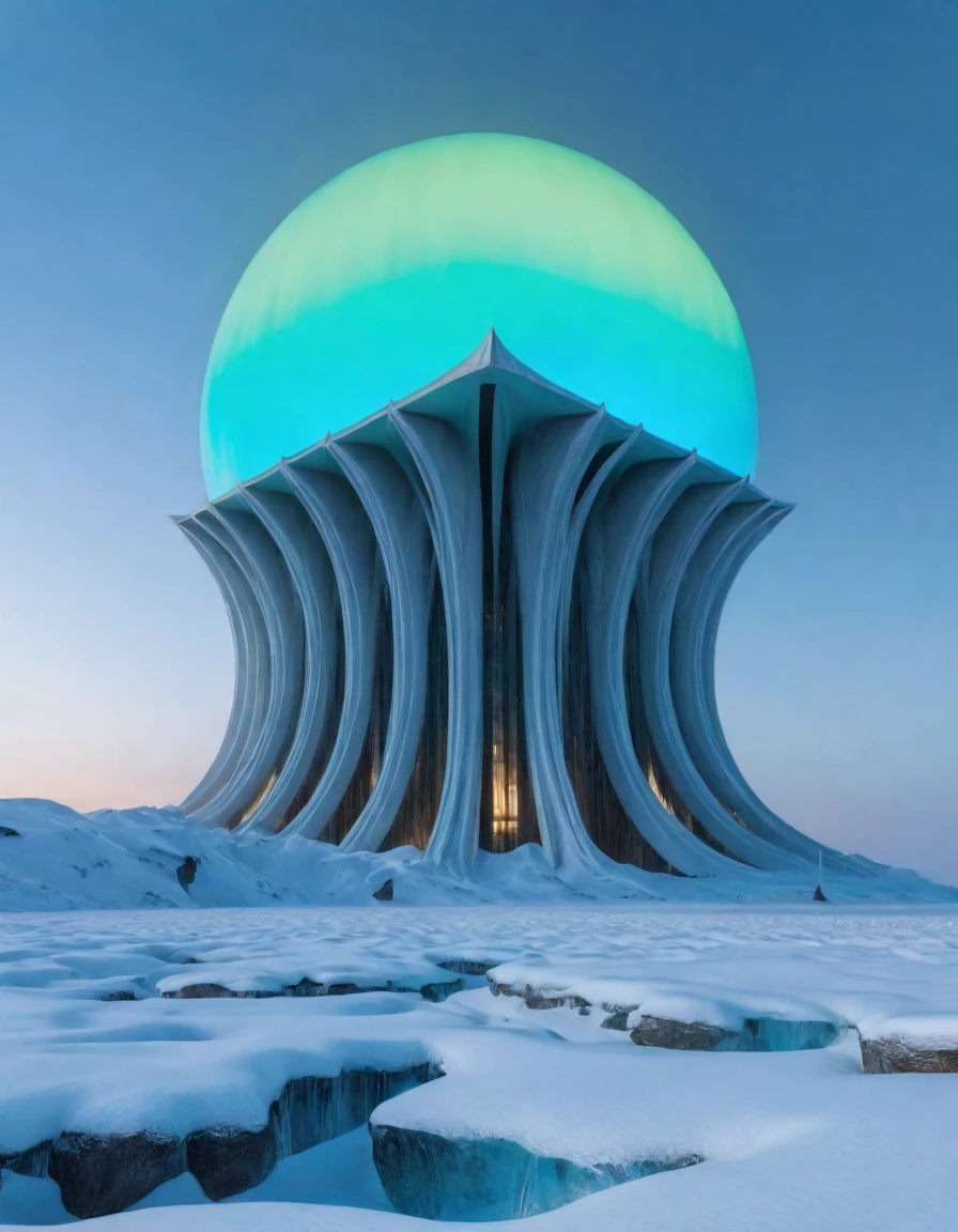 Alien landscape of huge asymmetrical mysterious structures in a cold atmosphere, Predicts supernatural weather. The scene is filled with breathtaking beauty, Showcasing ultra-realistic textures and stunning lighting. The winning photo, Shot in 8k with a Canon EOS R5, Popular on ArtStation. Peaceful environment，Uninhabited, Rise up vibrant floats glow， The misty sky adds to the otherworldly beauty, Showing its magnificence.