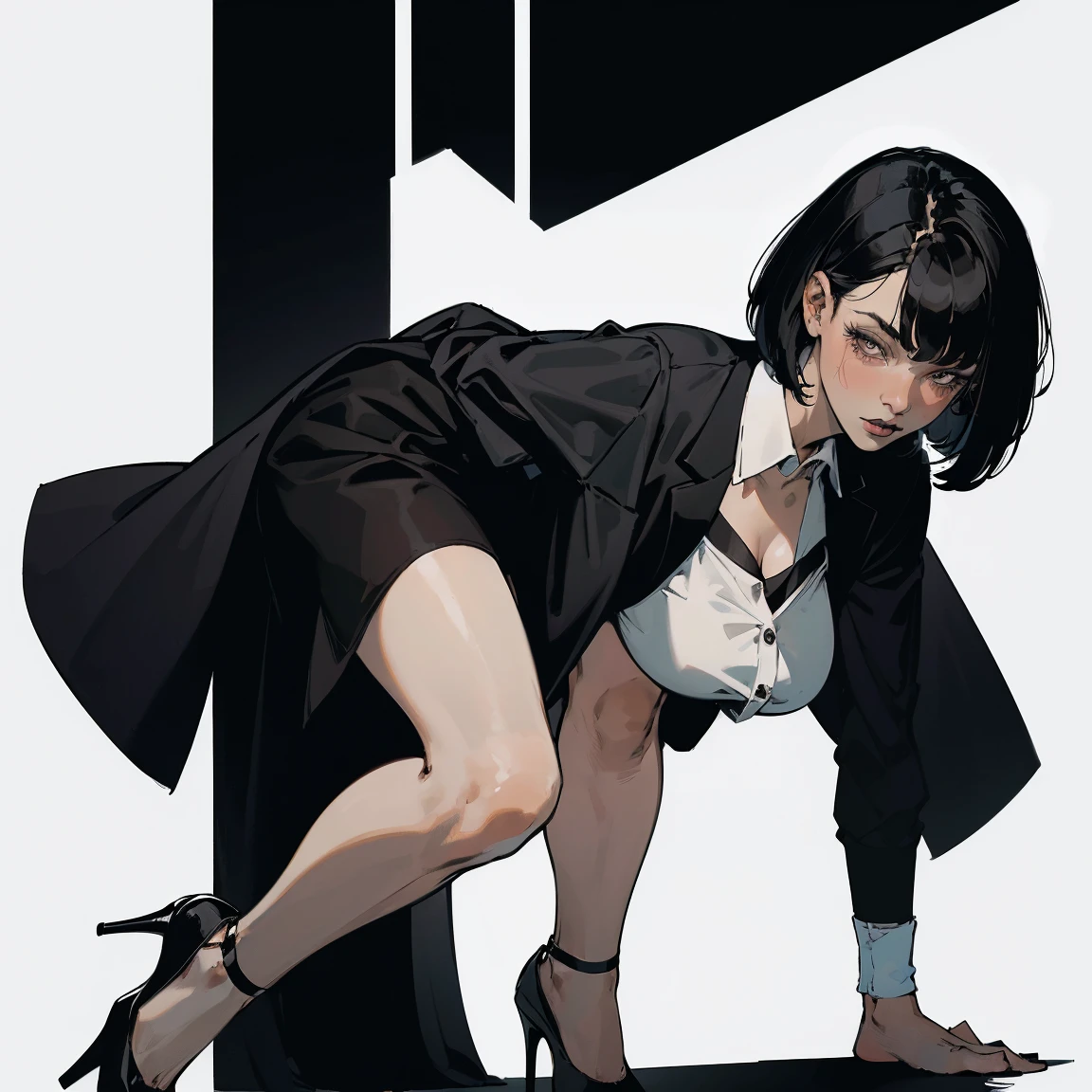 (masterpiece, best quality, Full HD), one woman, bob cut black hair, black lips, black eyelashes, ((white lab coat)), black short dress, bare legs, high heels, (bent over), white background