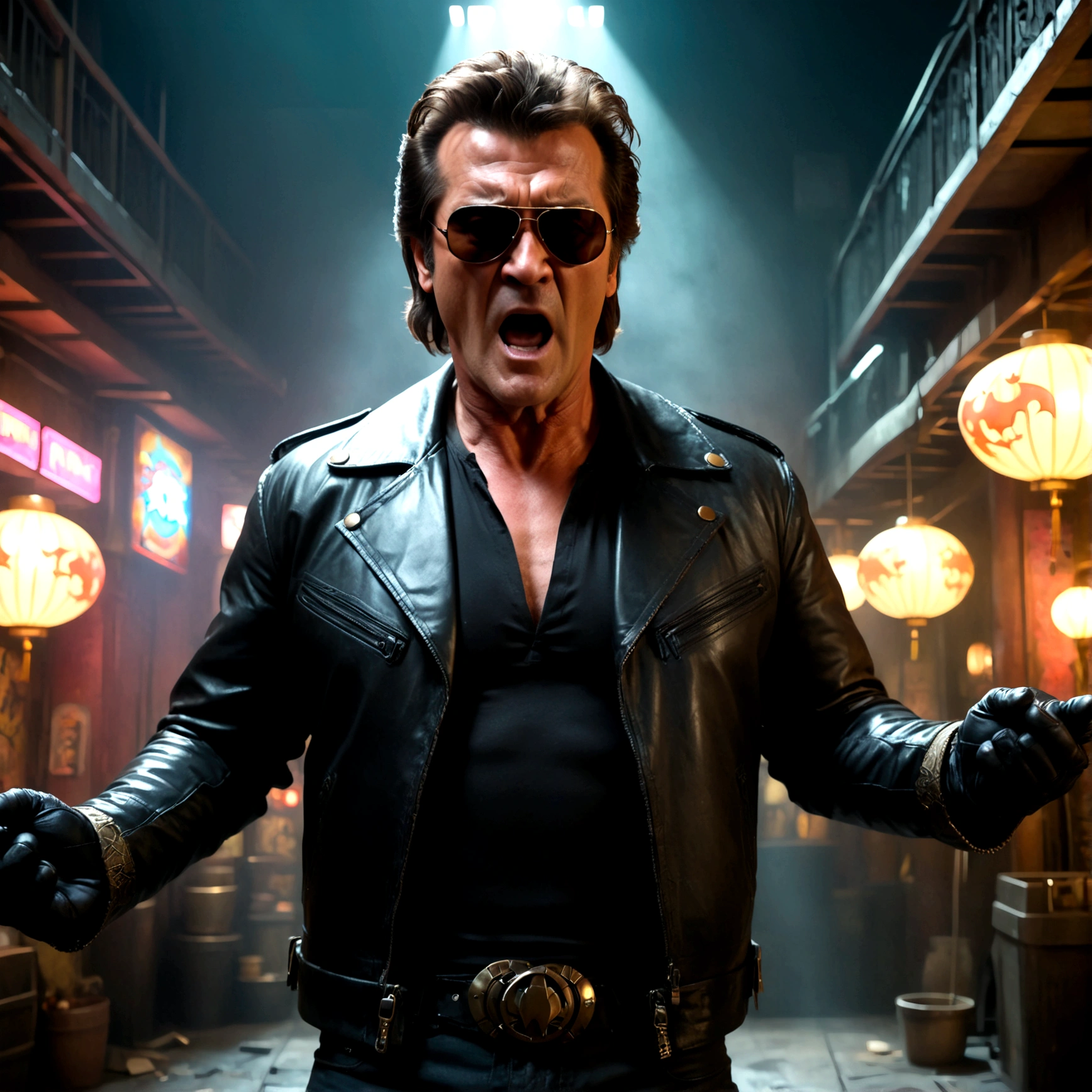 (a man in a leather jacket with sunglasses, angry facial expression (Big Trouble in Little China movies Jack Burton)), gesturing angrily arguing with Antonio Banderas as (DC comics Batman), underground lair with high-tech equipment, dark moody lighting, dramatic composition, cinematic, (best quality,8k,highres,masterpiece:1.2),ultra-detailed,(realistic,photorealistic,photo-realistic:1.37),cinematic lighting,dramatic lighting,moody lighting,dark atmosphere,gritty,industrial,cyberpunk