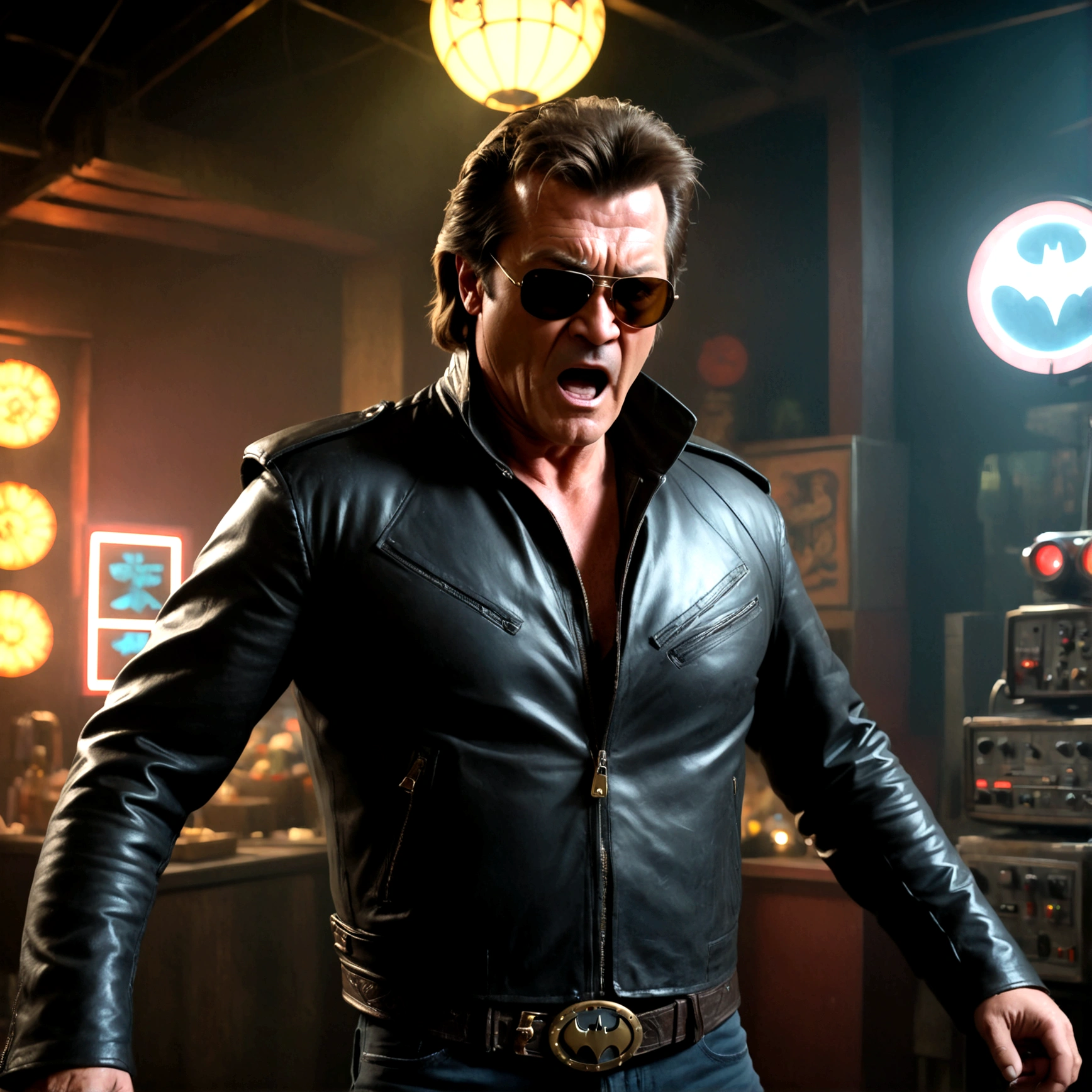 (a man in a leather jacket with sunglasses, angry facial expression (Big Trouble in Little China movies Jack Burton)), gesturing angrily arguing with Antonio Banderas as (DC comics Batman), underground lair with high-tech equipment, dark moody lighting, dramatic composition, cinematic, (best quality,8k,highres,masterpiece:1.2),ultra-detailed,(realistic,photorealistic,photo-realistic:1.37),cinematic lighting,dramatic lighting,moody lighting,dark atmosphere,gritty,industrial,cyberpunk