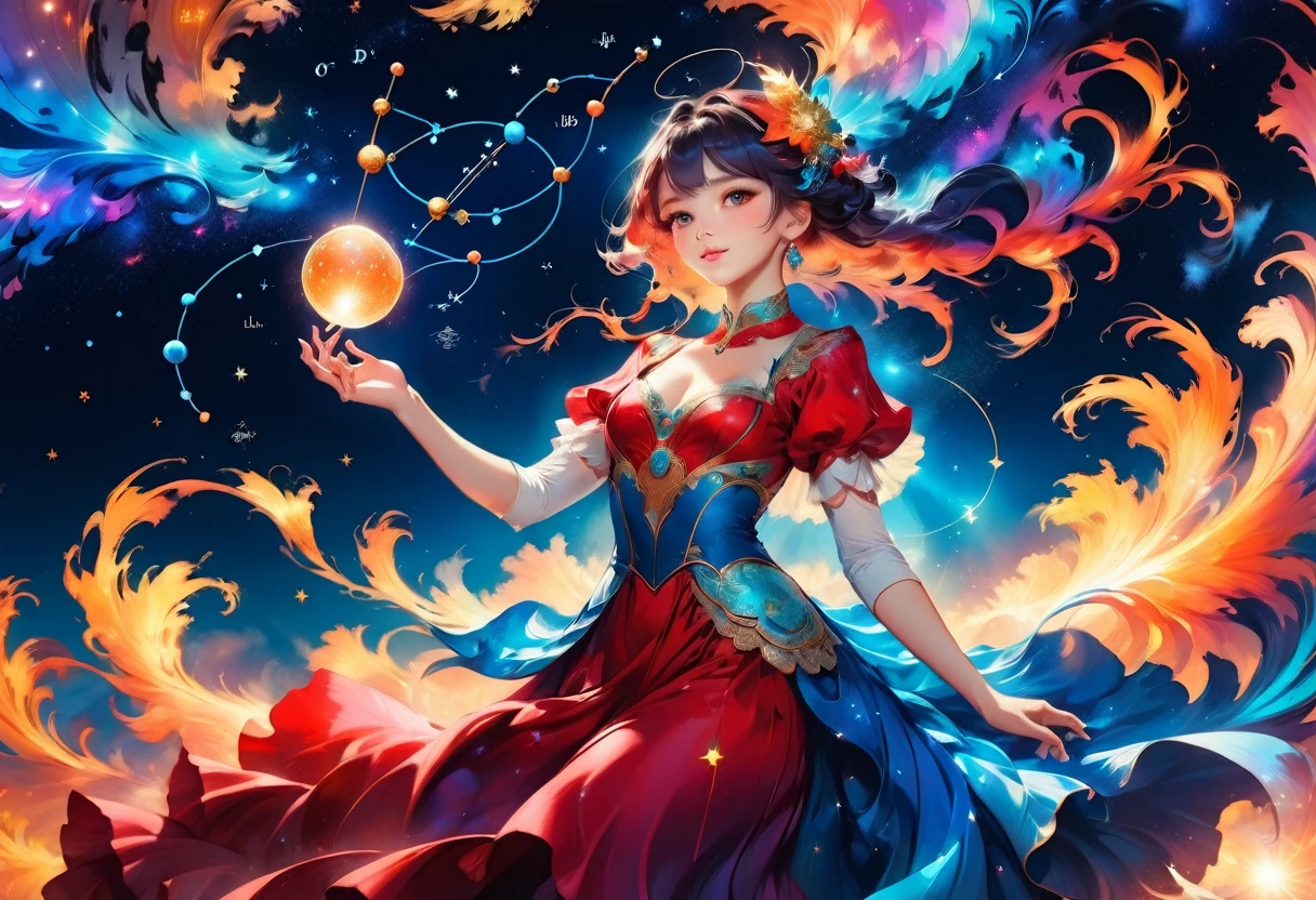 a portrait of an astrologer looking to the sky at libra constellation in the night sky, an extraordinary beautiful woman, there is magic in her eyes divining the future from the Libra constellation, dynamic hair color, dynamic hair style, wearing an intricate red dress decorated with glowing stars, she looks to the night sky seeing the ((Libra constellation in the sky: 1.5)), vibrant, Ultra-high resolution, High Contrast, (masterpiece:1.5), highest quality, Best aesthetics), best details, best quality, highres, 16k, [ultra detailed], masterpiece, best quality, (extremely detailed), Cinematic Hollywood Film, magical sky, FireMagicAI, dark novel