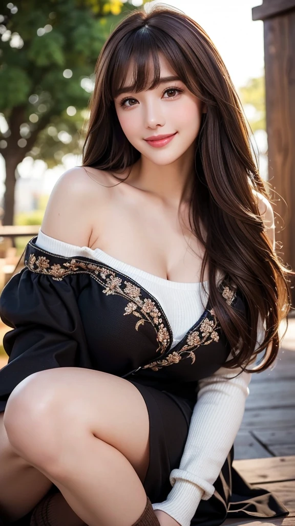 Upper body photo、Take close-up photos of your face、big breasts、Natural Lip、Fair skin、Great light、Beautiful lighting、((brown hair:1.2))、Blunt bangs、Detailed embroidery、Black dress、Off-the-shoulder jacket、Gorgeous Accessories、Knee-high socks、night、Outdoor Background、smile、Cute Smile
