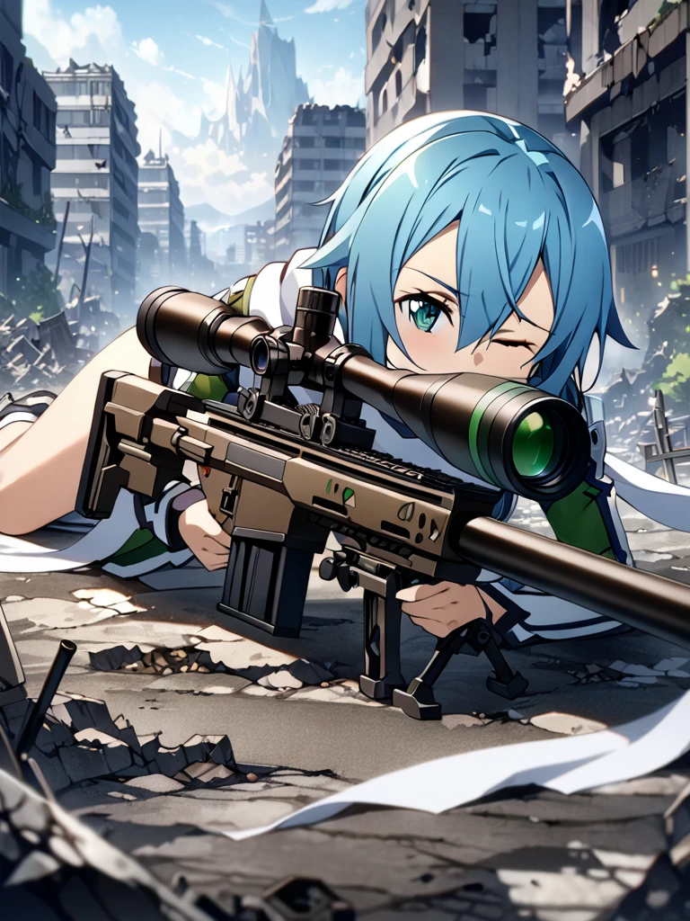 (masterpiece),(Highest quality),(High resolution),(Very detailed),One Woman,Japanese, Chinon from Sword Art Online, Blue Hair, White scarf, ,whole body,break(((黒いsniper rifleで何かを狙う))),((Close one eye and look through the scope))(Lying down),((sniper rifle)),(The background is a destroyed city),(((Background Blur)))