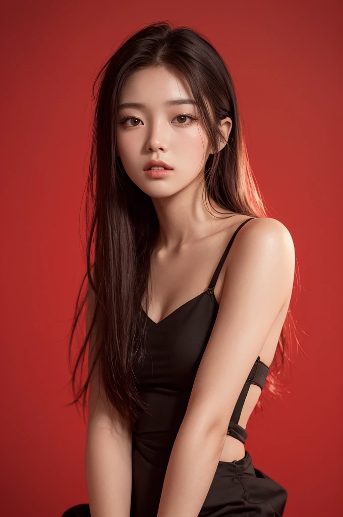 20 year old girl, sexy model, red theme, long hair, high contrast (Natural skin texture, Hyperrealism, Soft Light, sharp), portrait, standing, kpop