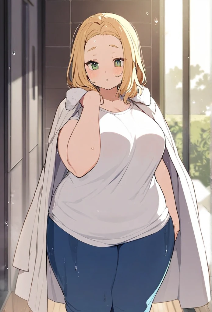 chubby girl, blonde, green eyes, medium length hair, open forehead, no bangs
wet hair, white T-shirt, blue pants, towel on shoulders