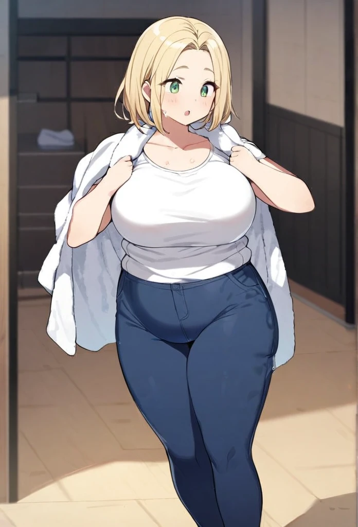 chubby girl, blonde, green eyes, medium length hair, open forehead, no bangs
wet hair, white T-shirt, blue pants, towel on shoulders