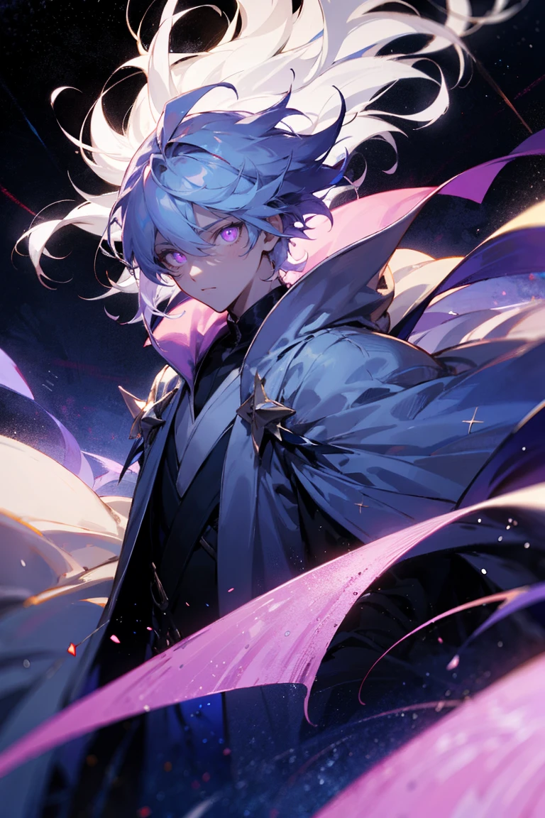 Male, purple eyes, floating hair, Starry hair, Starry clothes, Starry robe, glowing eyes, aloof