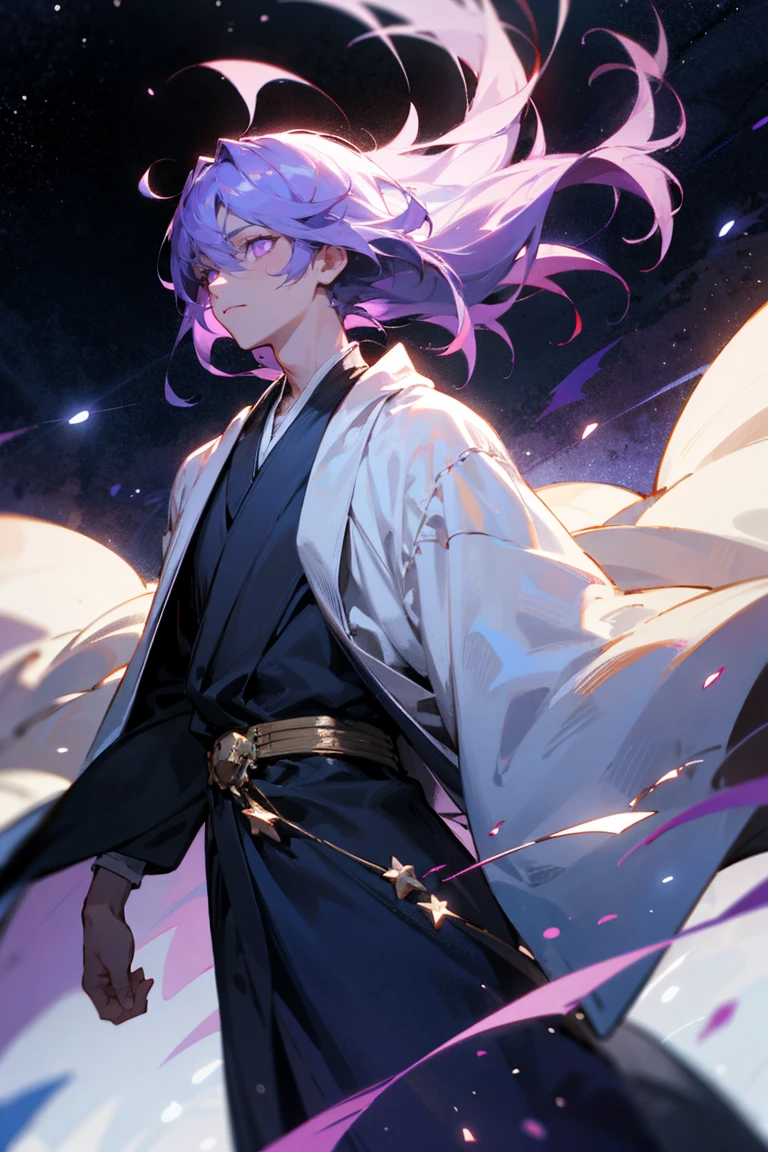 Male, purple eyes, floating hair, Starry hair, Starry clothes, Starry robe, glowing eyes, aloof