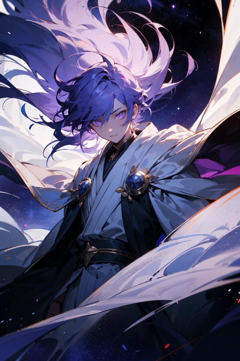 Male, purple eyes, floating hair, Starry hair, Starry clothes, Starry robe, glowing eyes, aloof