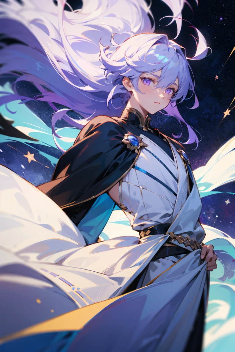 Male, purple eyes, floating hair, Starry hair, Starry clothes, Starry robe, glowing eyes, aloof