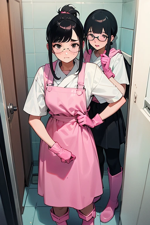 A pair of freckled, glasses-wearing high school girls with narrow eyes and black hair tied up, wearing large pink rubber gloves and white rubber boots, cleaning the school toilets