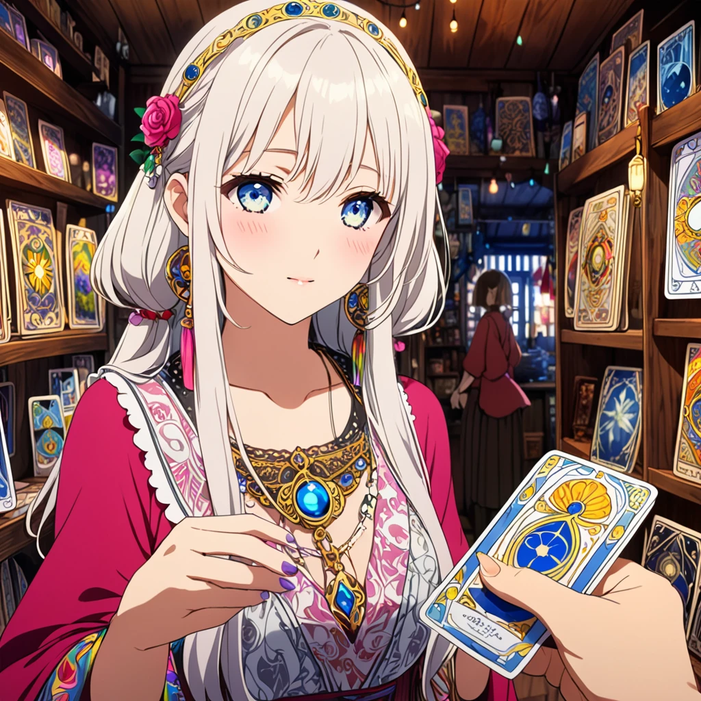 (masterpiece, best quaility, high detail, beautiful and delicated eyes and face, vivid colors:1.3), Una astrologa leyendo la fortuna con cartas del tarot, anime screencap, pov, el fondo es el interior de una tienda gitana