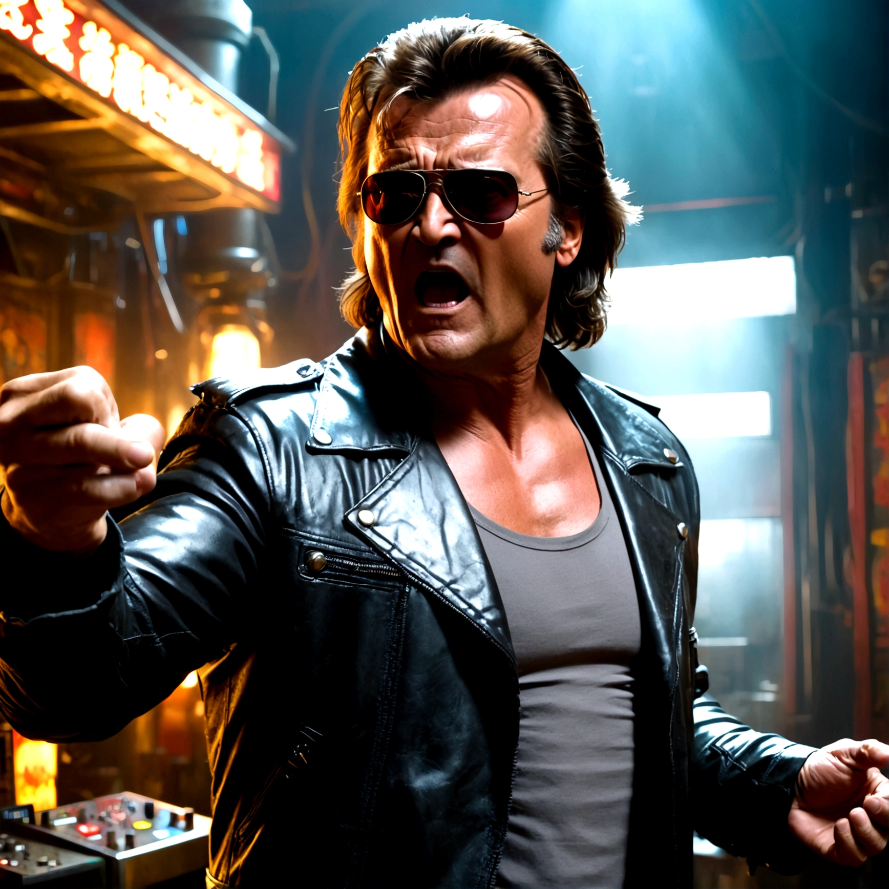 (a man in a leather jacket with sunglasses, angry facial expression (Big Trouble in Little China movies Jack Burton)), gesturing angrily arguing with (DC comics Batman), underground lair with high-tech equipment, dark moody lighting, dramatic composition, cinematic, (best quality,8k,highres,masterpiece:1.2),ultra-detailed,(realistic,photorealistic,photo-realistic:1.37),cinematic lighting,dramatic lighting,moody lighting,dark atmosphere,gritty,industrial,cyberpunk

