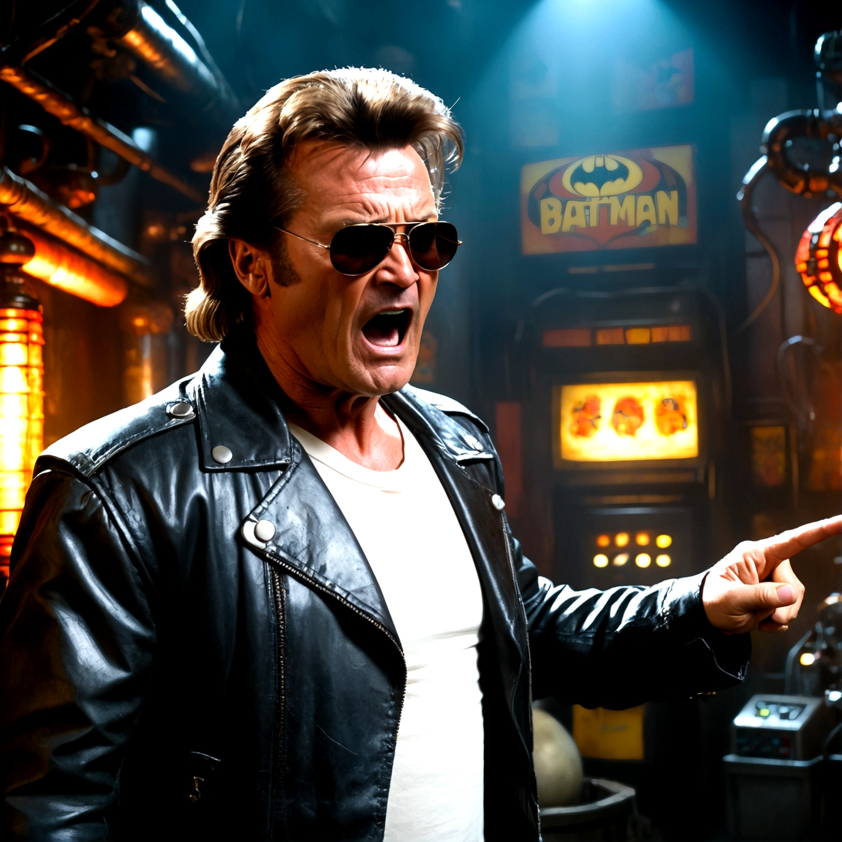 (a man in a leather jacket with sunglasses, angry facial expression (Big Trouble in Little China movies Jack Burton)), gesturing angrily arguing with (DC comics Batman), underground lair with high-tech equipment, dark moody lighting, dramatic composition, cinematic, (best quality,8k,highres,masterpiece:1.2),ultra-detailed,(realistic,photorealistic,photo-realistic:1.37),cinematic lighting,dramatic lighting,moody lighting,dark atmosphere,gritty,industrial,cyberpunk