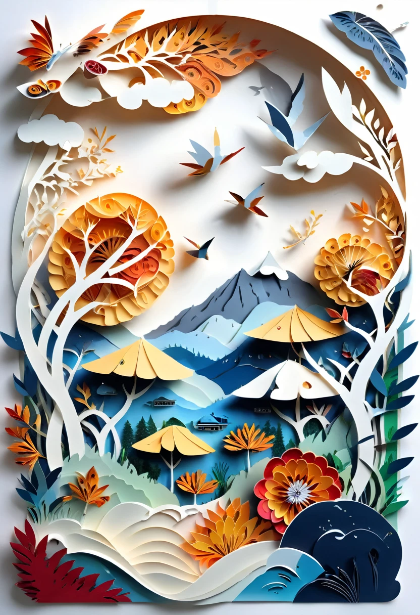 paper cuttings art,(Flat paper cutout,paper art,layered paper art,paper quilling, digital art),Against a pure white background, landscape, (high detail, masterpiece, best quality, UHD)