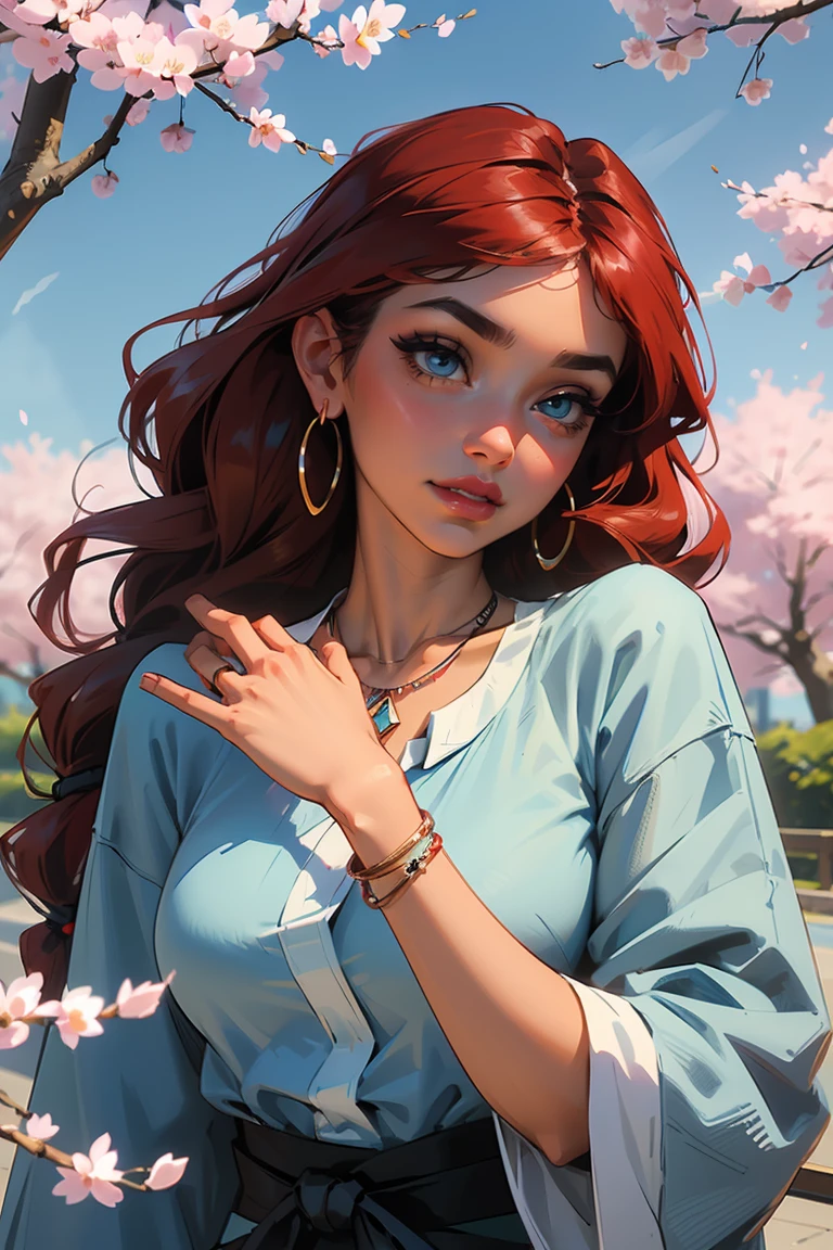 Goddess ((goddess-like woman)), slim, elegant silhouette, masterpiece, (close angle), best quality, cute face, (masterpiece:1,2, best quality), (real picture, intricate details), ( 1 lady, solo, medium tits, narrow waist, (long hair), a woman with long hair, red hair, long wavy red hair, Half braid styling, turquoise eyes, she has an impressive presence., bracelet, hoop earrings, jewelry, beautiful face, beautiful eyes, she looks the Looking at viewer, she is wearing earrings, necklace, many different bracelets, wearing a big denim shirt dress , sweet irresistible smile, elegant pose, elegant hands, beautiful hands, perfect fingers, background: background: Park, Japanese garden Cherry trees, cherry blossoms, blue sky, upper body view,
