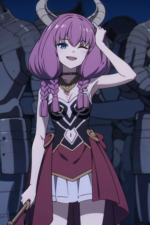 ((Best quality))),((Ultra-detailed)),((illustration)),((Disheveled hair)),((frilld)),(1 girl),(Solo),
1girl,hand_on_hip,solo,rating:safe,black_footwear,breasts,cleavage,clothes_pull,clothing,dress,dress_lift,dress_pull,eyepatch,female,female_only,flower,long_hair,looking_at_viewer,makaria,motion_blur,one_eye_closed,red_dress,skirt,skirt_lift,skirt_pull,small_breasts,smile,standing,weapon,whip,wink,
pink hair,grey hair,Horns,