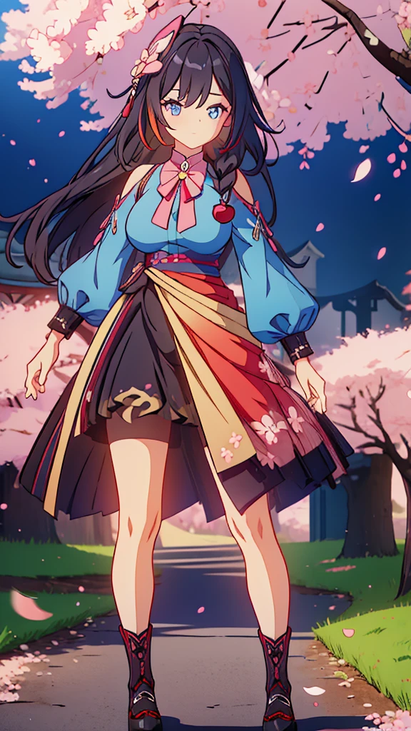 best quality, extremely detailed, anime style adult 1girl, long hair down to the waist, straight hair, ((dark black hair with bluish)),crown braid,beautiful detailed eyes, pinched eyes, dark blue eyes, huge breasts,curvy,(((colorful clothing))),Western clothes,Active Clothing,Clothing with intricate decorations,((foppery shoes)),animation cap,animated gif,((((Cherry Blossom Park)))),