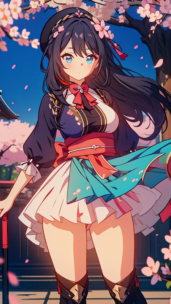 best quality, extremely detailed, anime style adult 1girl, long hair down to the waist, straight hair, ((dark black hair with bluish)),crown braid,beautiful detailed eyes, pinched eyes, dark blue eyes, huge breasts,curvy,(((colorful clothing))),Western clothes,Active Clothing,Clothing with intricate decorations,((foppery shoes)),animation cap,animated gif,((((Cherry Blossom Park)))),