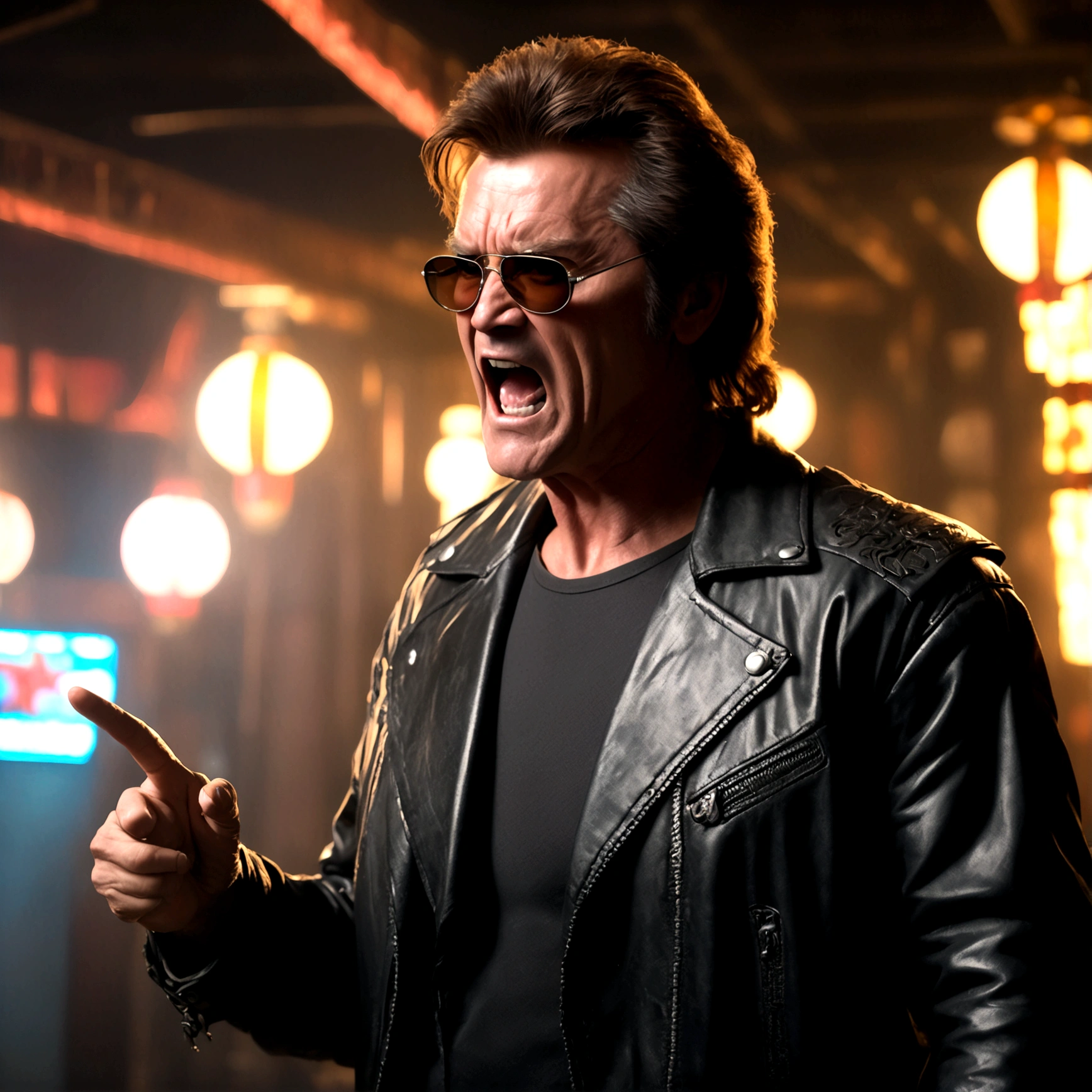 (a man in a leather jacket with sunglasses, angry facial expression (Big Trouble in Little China movies Jack Burton)), gesturing angrily arguing with (DC comics Batman), underground lair with high-tech equipment, dark moody lighting, dramatic composition, cinematic, (best quality,8k,highres,masterpiece:1.2),ultra-detailed,(realistic,photorealistic,photo-realistic:1.37),cinematic lighting,dramatic lighting,moody lighting,dark atmosphere,gritty,industrial,cyberpunk
