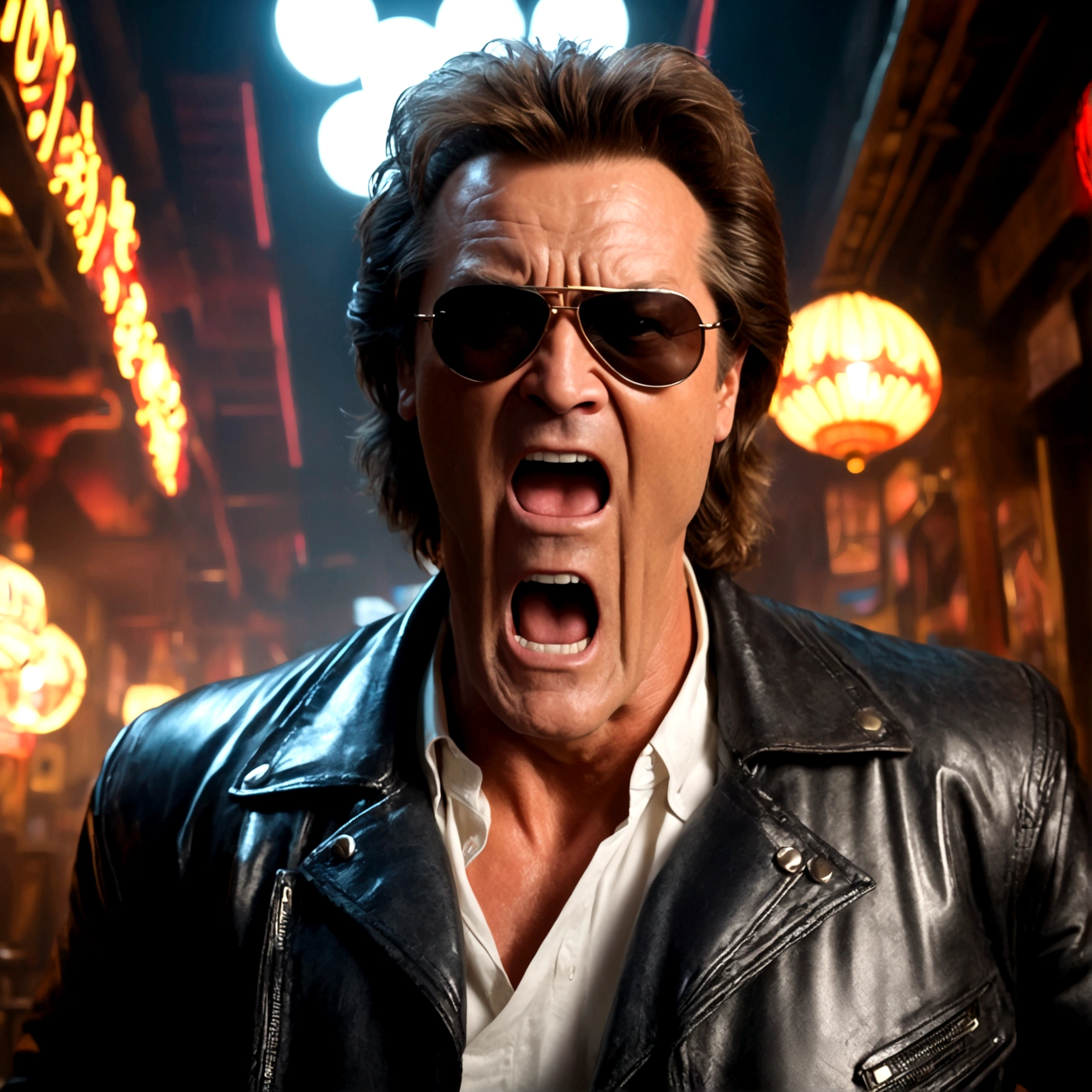 (a man in a leather jacket with sunglasses, angry facial expression (Big Trouble in Little China movies Jack Burton)), gesturing angrily arguing with (DC comics Batman), underground lair with high-tech equipment, dark moody lighting, dramatic composition, cinematic, (best quality,8k,highres,masterpiece:1.2),ultra-detailed,(realistic,photorealistic,photo-realistic:1.37),cinematic lighting,dramatic lighting,moody lighting,dark atmosphere,gritty,industrial,cyberpunk