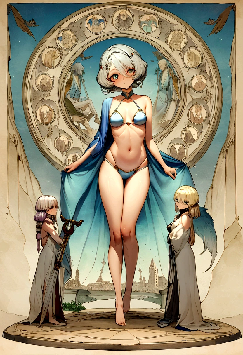 Une superbe jeune beauté allemande, aux yeux bleus perçants, petits seins et longs cheveux blonds avec un carré ondulé flottants, tout le corps, Corps mince, jambes galbées, chevilles fines, taille fine, plage,, les ombres douces sur les contours , le contraste vibrant entre les tons chair chauds et les teintes froides de l'arrière-plan, la composition ultra légère, le nombre d'or, L'éclairage dramatique