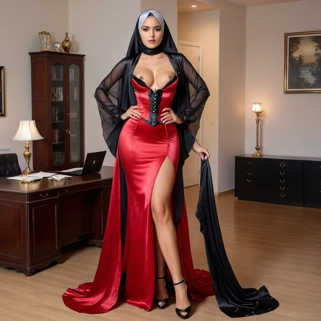 A woman secretary in the translucent red night gown, half naked ,nipple on with nipple pearcing, wear corset with bra expose, wear black blazer, wearing satin hijab, full body ,mermaid tight long gown, flowy dramatic long gown,very long flor length gown, in office room, strugle to walk,
 sexy face, sexy pose, wear high heels, masterpice, hyper realistic