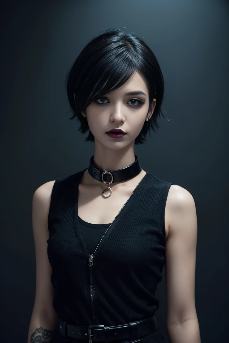 1Girl, woman, emo_hairstyle, black lipstick, dog collar, eyeliner, eye shadow, smoky eyes, realistic lighting, short hair, standing up, sexy military outfit, sleeveless.