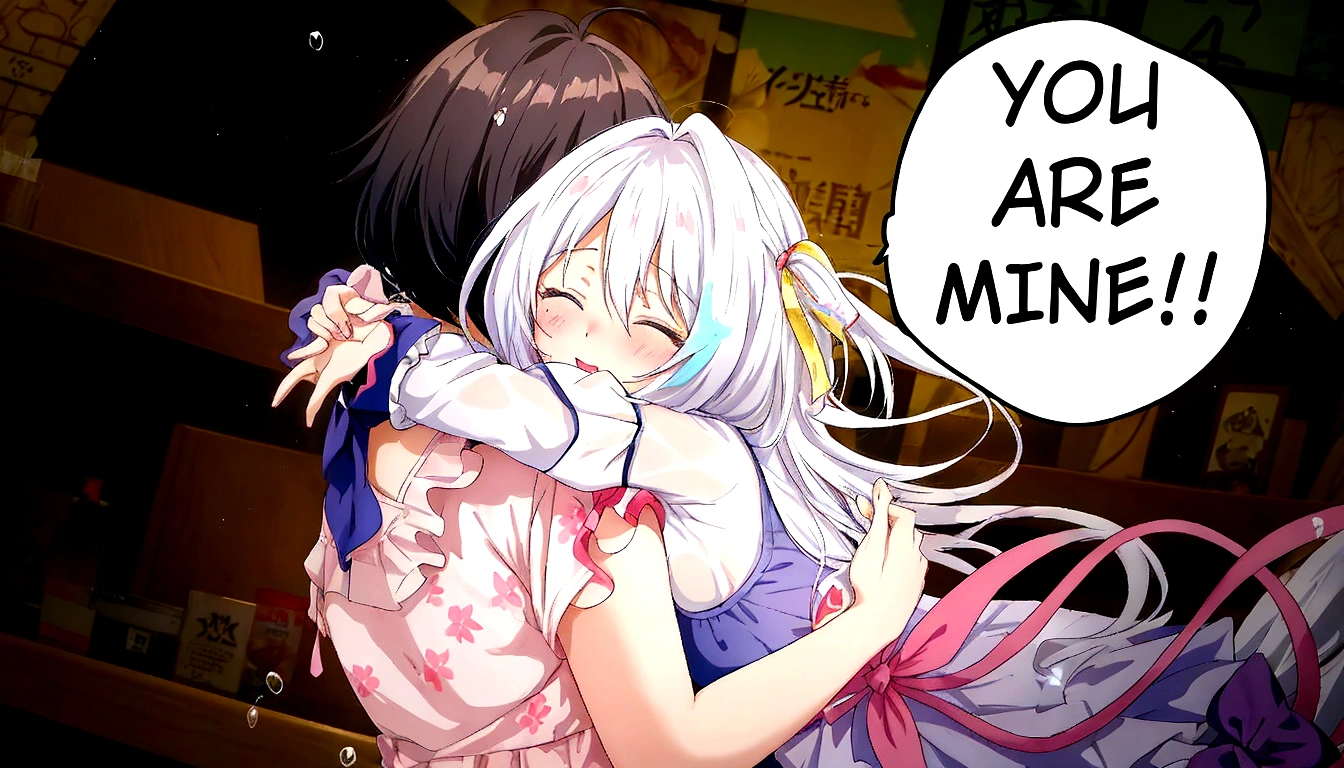 anime girl hugging another girl with a comic bubble above her, gapmoe yandere, yandere, gapmoe yandere grimdark, ahegao, nightcore, from the azur lane videogame, top rated on pixiv, in no game no life, colored manga, nixeu and sakimichan, yandere intricate, splash art anime