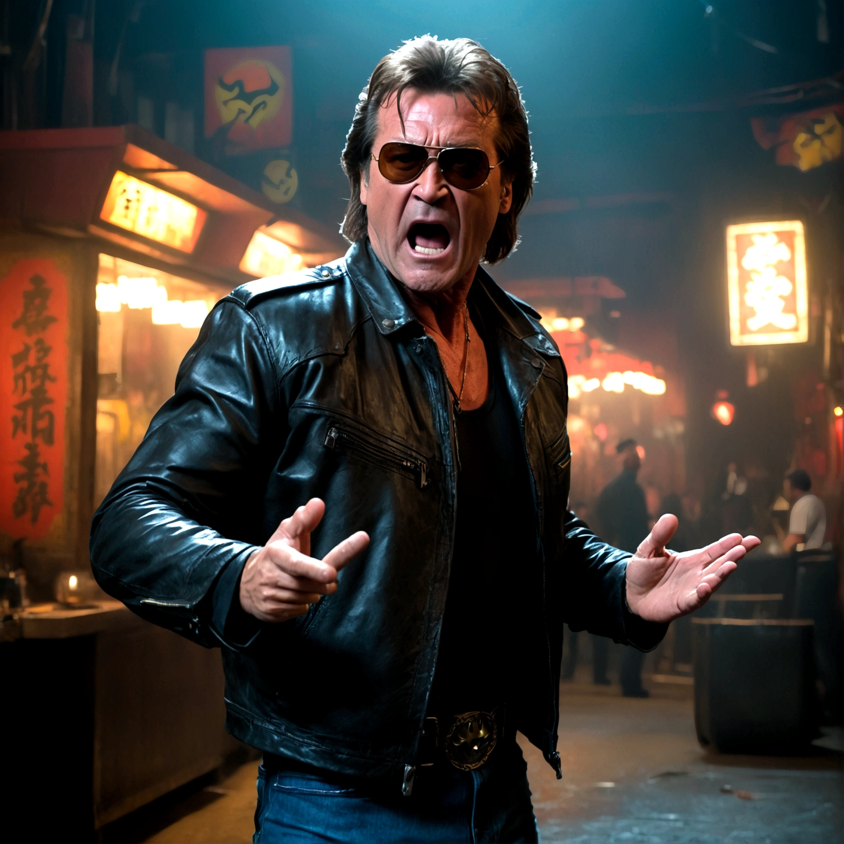 (a man in a leather jacket with sunglasses, angry facial expression (Big Trouble in Little China movies Jack Burton)), gesturing angrily arguing with (DC comics Batman), underground lair with high-tech equipment, dark moody lighting, dramatic composition, cinematic, (best quality,8k,highres,masterpiece:1.2),ultra-detailed,(realistic,photorealistic,photo-realistic:1.37),cinematic lighting,dramatic lighting,moody lighting,dark atmosphere,gritty,industrial,cyberpunk
