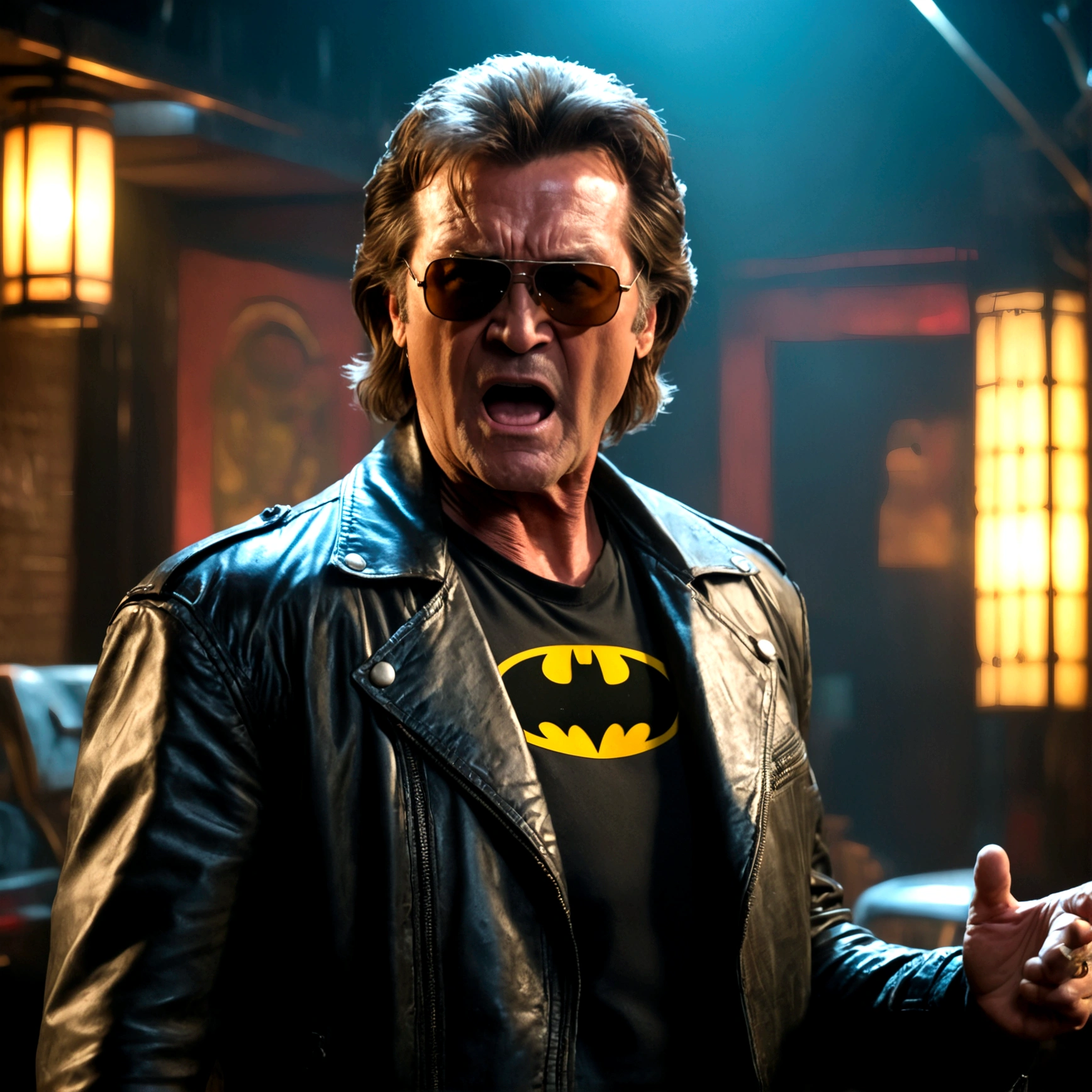 (a man in a leather jacket with sunglasses, angry facial expression (Big Trouble in Little China movies Jack Burton)), gesturing angrily arguing with (DC comics Batman), underground lair with high-tech equipment, dark moody lighting, dramatic composition, cinematic, (best quality,8k,highres,masterpiece:1.2),ultra-detailed,(realistic,photorealistic,photo-realistic:1.37),cinematic lighting,dramatic lighting,moody lighting,dark atmosphere,gritty,industrial,cyberpunk