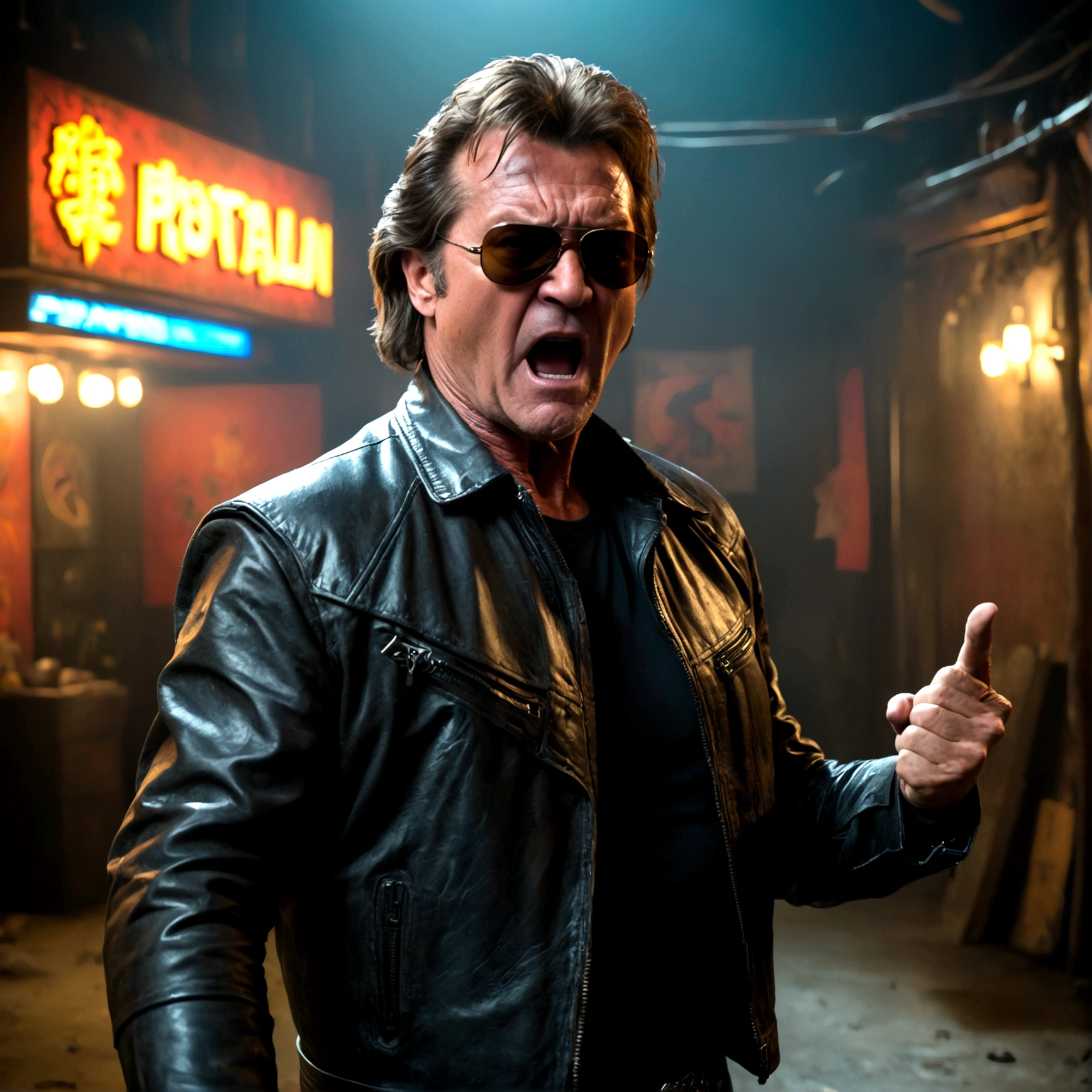 (a man in a leather jacket with sunglasses, angry facial expression (Big Trouble in Little China movies Jack Burton)), gesturing angrily arguing with (DC comics Batman), underground lair with high-tech equipment, dark moody lighting, dramatic composition, cinematic, (best quality,8k,highres,masterpiece:1.2),ultra-detailed,(realistic,photorealistic,photo-realistic:1.37),cinematic lighting,dramatic lighting,moody lighting,dark atmosphere,gritty,industrial,cyberpunk