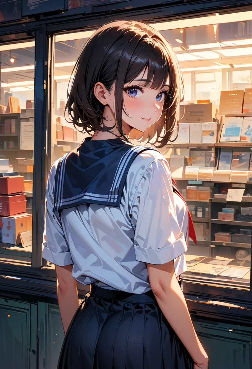 slouch, Highest quality, Super detailed, (Ultra-high resolution,8K), A girl wearing a sailor suit, (look back, From the back), Butt in the shop window, High-definition facial beauty