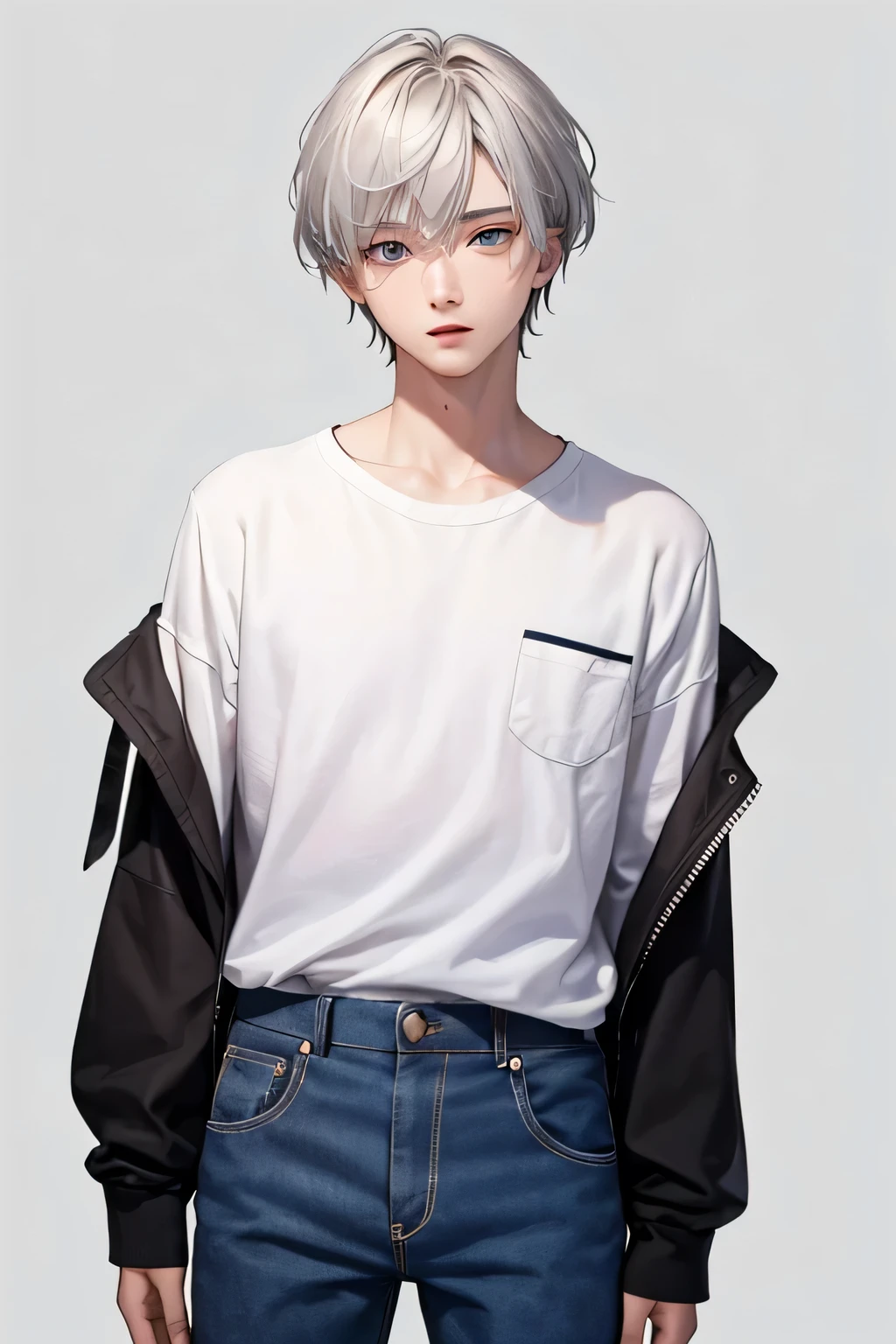 ((best quality)), ((masterpiece)), (detailed), 1boy with olive skin, silver white hair and sapphire blue eyes(in casual clothing)
