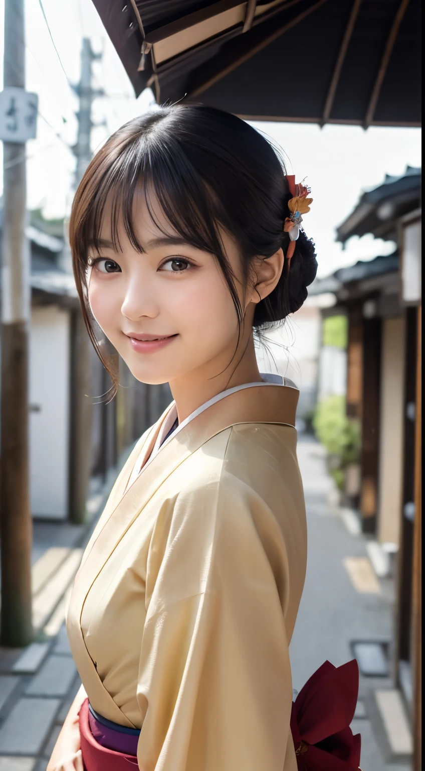 Professional Lighting,(Realistic:1.4), (Top image quality:1.0), (超High resolution:1.0), 8K, Raw photography, (masterpiece:0.2), (Dealing with the Children_v1:0.5)、(最高quality Detail:1.2)、Realistic、8K Ultra HD、High resolution、(1 Girl:1.2)、超detailedな、High quality textures、複雑なdetailed、detailed、Very detailed CG、High quality shadows、detailed 美しく繊細な顔、Beautiful details and a delicate eye、(Symmetrical eyes:1.2),Written boundary depth、Ray Tracing,1 Girl, Japanese Girls, (Natural smile:1.4),cute, thin, Portrait of a beautiful Japanese woman in a kimono, Standing elegantly on a street corner in Kyoto. Kimono with vibrant traditional patterns, Hair decorated with elegant and delicate hairpins, Gentle expression. (With the old streets of Kyoto in the background:1.4)、The soft light of a spring afternoon、Adding tranquility to the scene. Rendered in a Realistic style with great attention to detail, High resolutionの画像.Sky Porn, Magic Hour, (Realistic:1.3), finely, quality, (Tabletop:1.2), (Realistic:1.2), (最高quality), (複雑なdetailed), dramatic, Ray Tracing, photograph, +roller