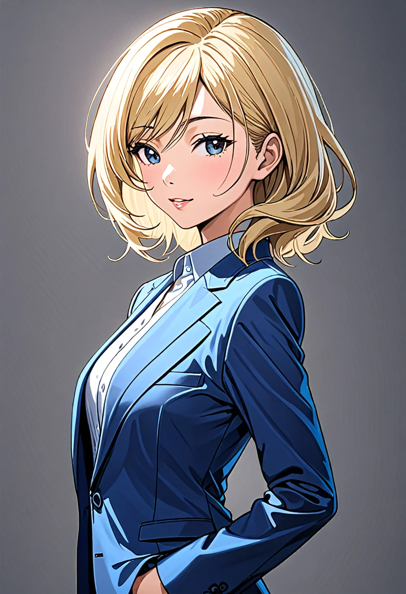 A middle-aged Asian woman in a modern pantsuit, depicted with a flirtatious expression, the figure turned slightly towards the right shoulder, at a 20% angle, front to back view. the hair is long, blond, with a blue tint. Professional color correction with soft shadows, professional studio lighting.