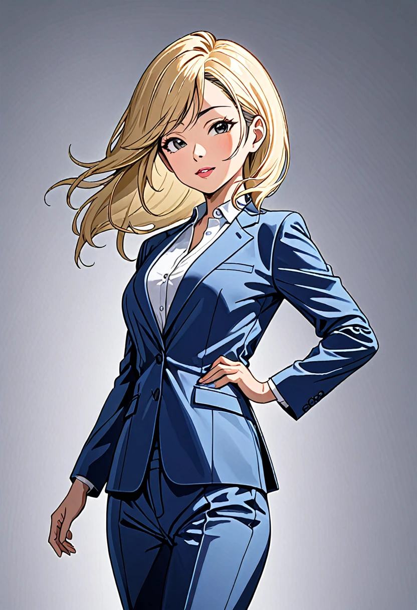 A middle-aged Asian woman in a modern pantsuit, depicted with a flirtatious expression, the figure turned slightly towards the right shoulder, at a 20% angle, front to back view. the hair is long, blond, with a blue tint. Professional color correction with soft shadows, professional studio lighting.
