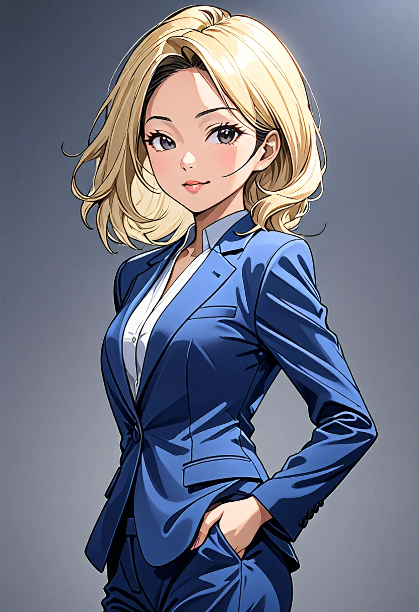 A middle-aged Asian woman in a modern pantsuit, depicted with a flirtatious expression, the figure turned slightly towards the right shoulder, at a 20% angle, front to back view. the hair is long, blond, with a blue tint. Professional color correction with soft shadows, professional studio lighting.
